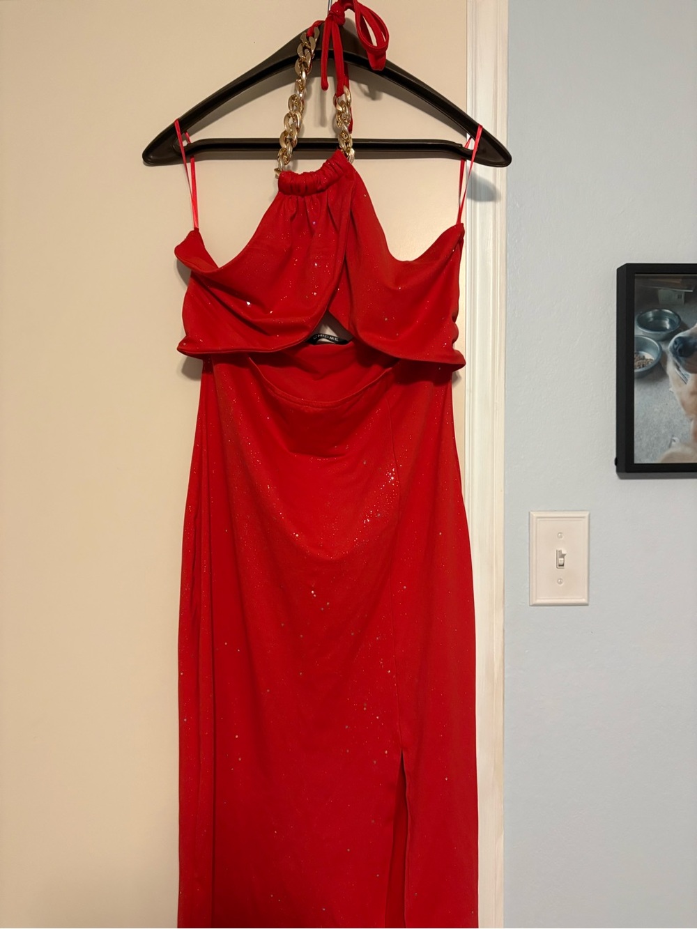 Red Backless Halter Maxi Dress with Gold Chain Detail